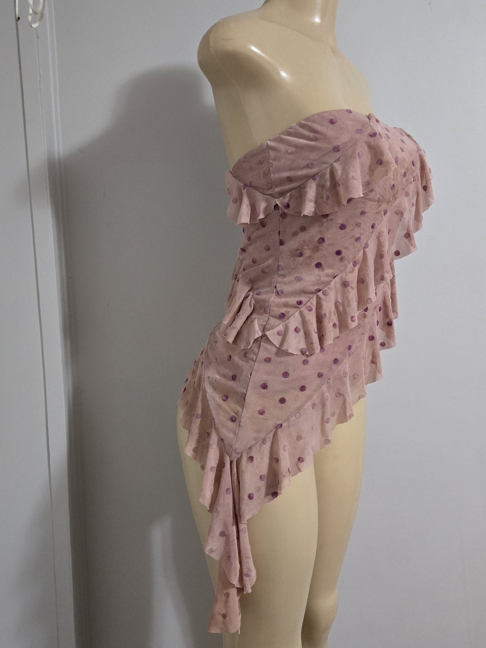 Asymmetrical Off-Shoulder Pink Polka Dot Ruffle Top